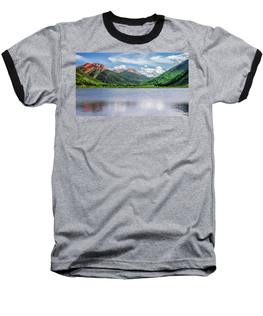 Crystal Lake Baseball T-Shirt featuring the photograph Crystal Lake Red Mountains Reflection, Ouray Colorado by Robert Bellomy