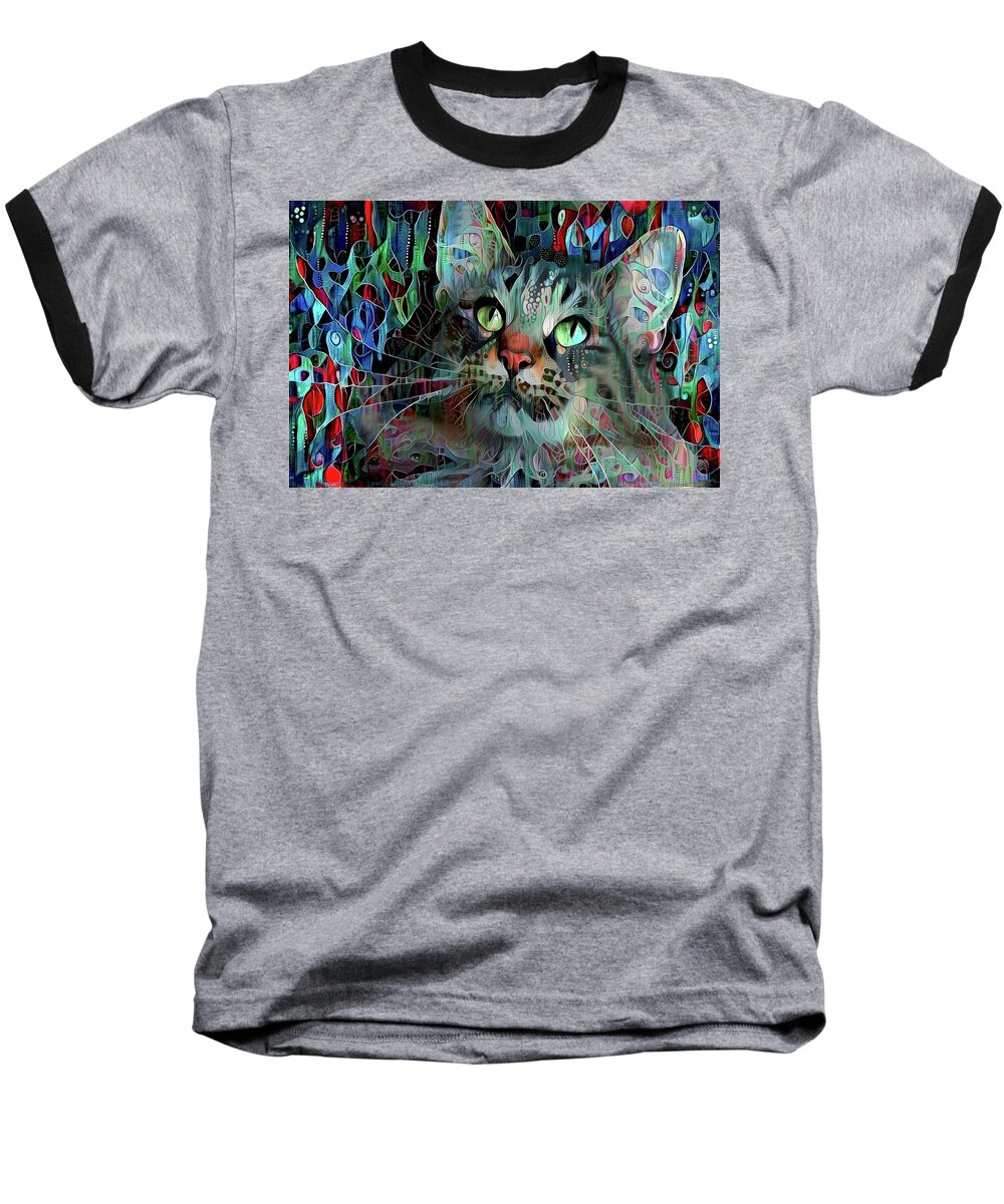 Maine Coon Cat Baseball T-Shirt featuring the mixed media DeeDee in Blue and Red by Peggy Collins