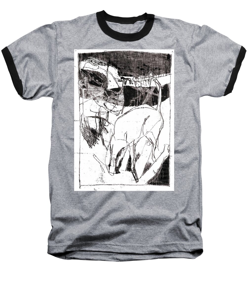 Drawing Baseball T-Shirt featuring the drawing Dog and owner by Edgeworth Johnstone