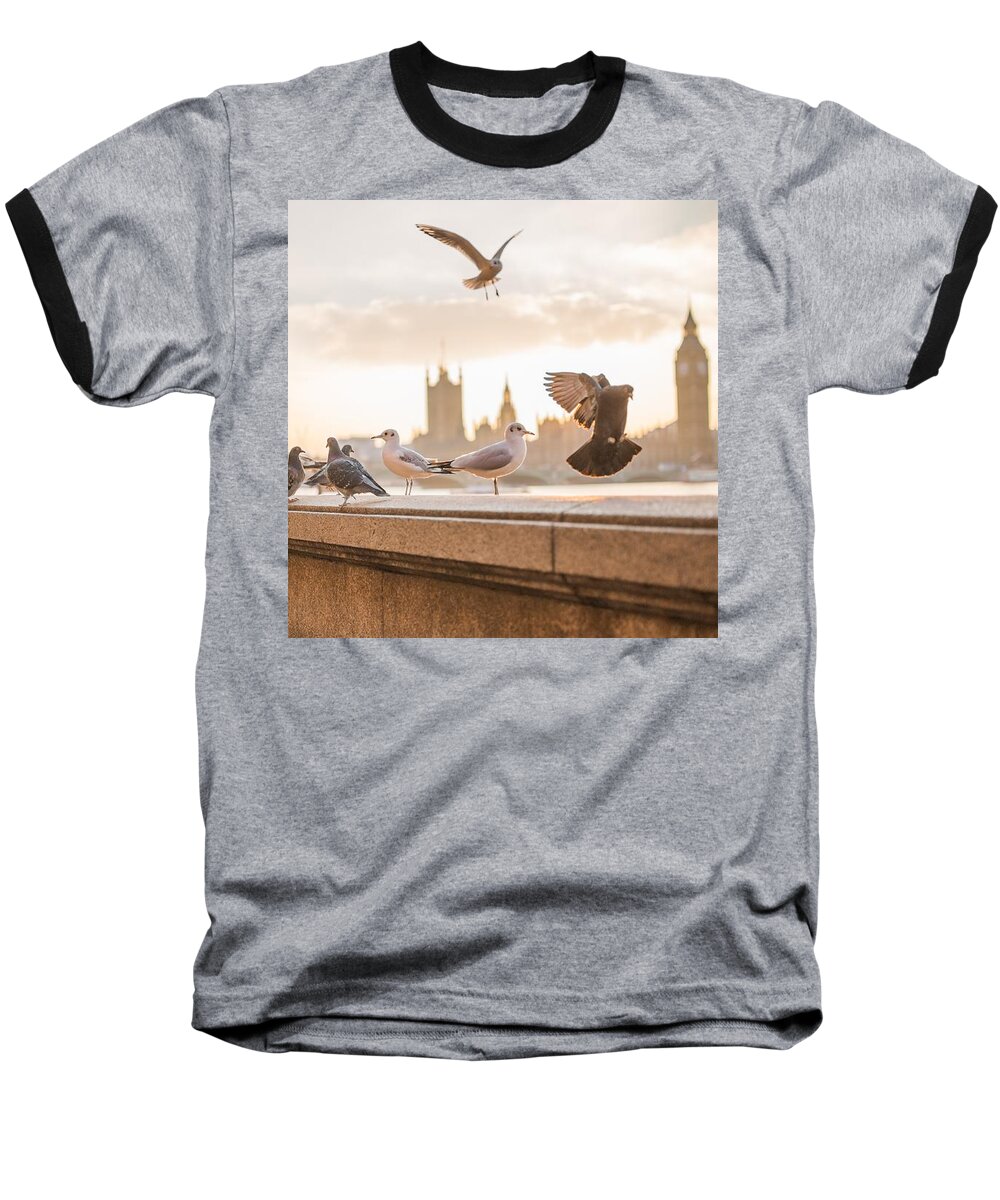 Cute Baseball T-Shirt featuring the photograph Doves and seagulls over the Thames in London by Top Wallpapers