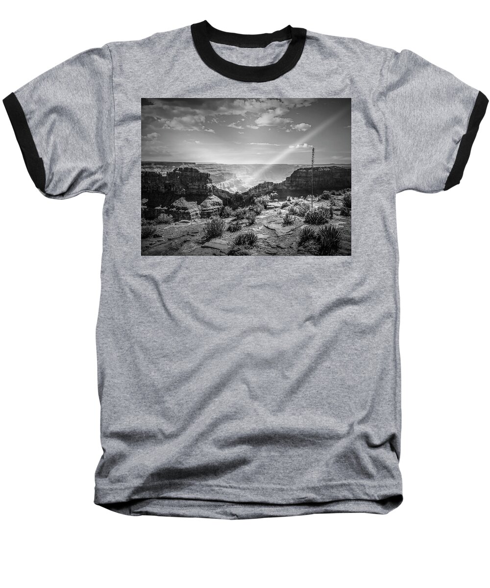 Canyon Eagle Grand Rim Rock The West Abyss Altitude Awesome Bluffs Breathtaking Chasm Cliffs Elevation Escarpment Face Formations Formidable High Black & White Baseball T-Shirt featuring the digital art Eagle Rock, Grand Canyon in Black and White by Pheasant Run Gallery