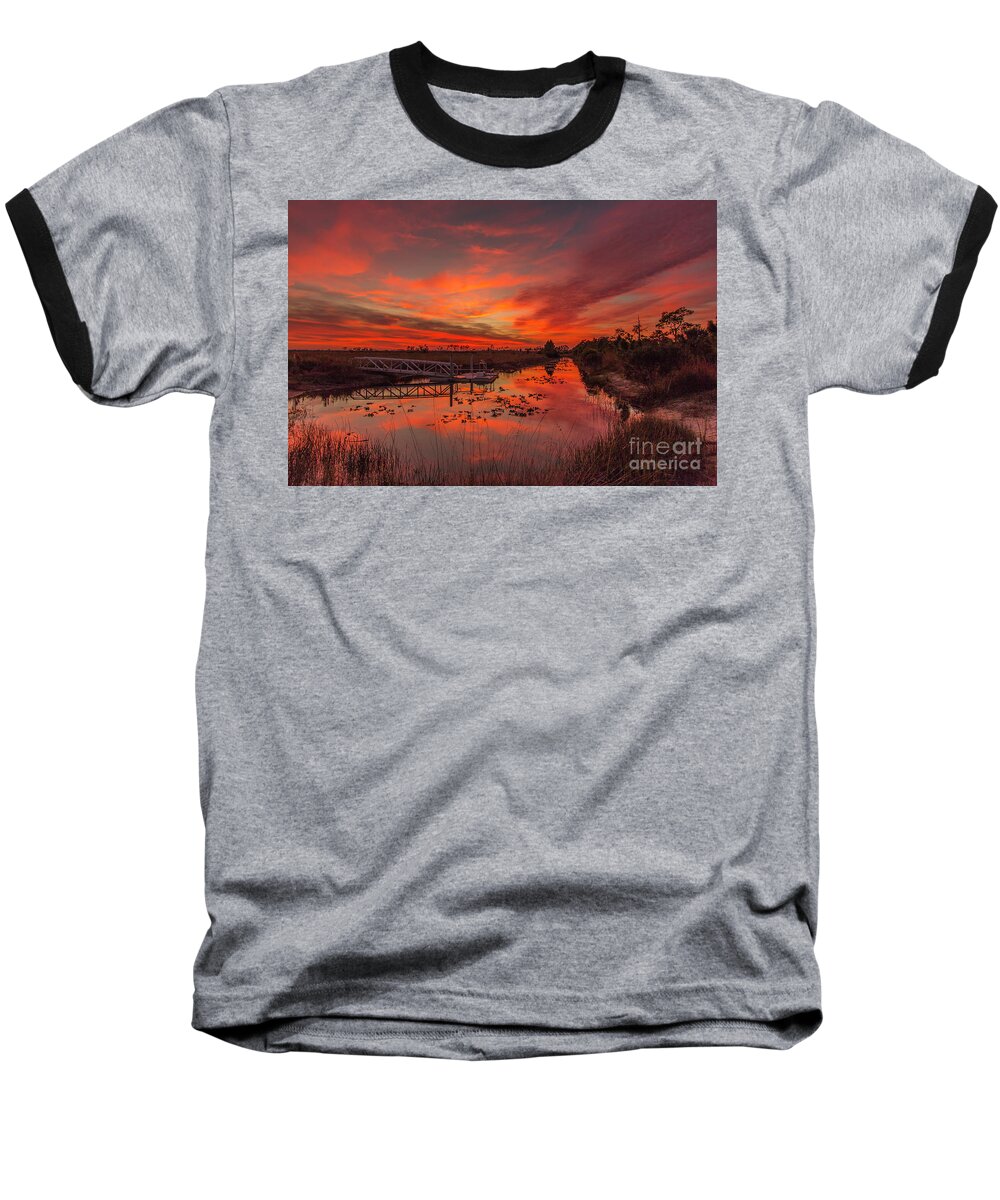 Sun Baseball T-Shirt featuring the photograph Explosive Sunset at Pine Glades by Tom Claud