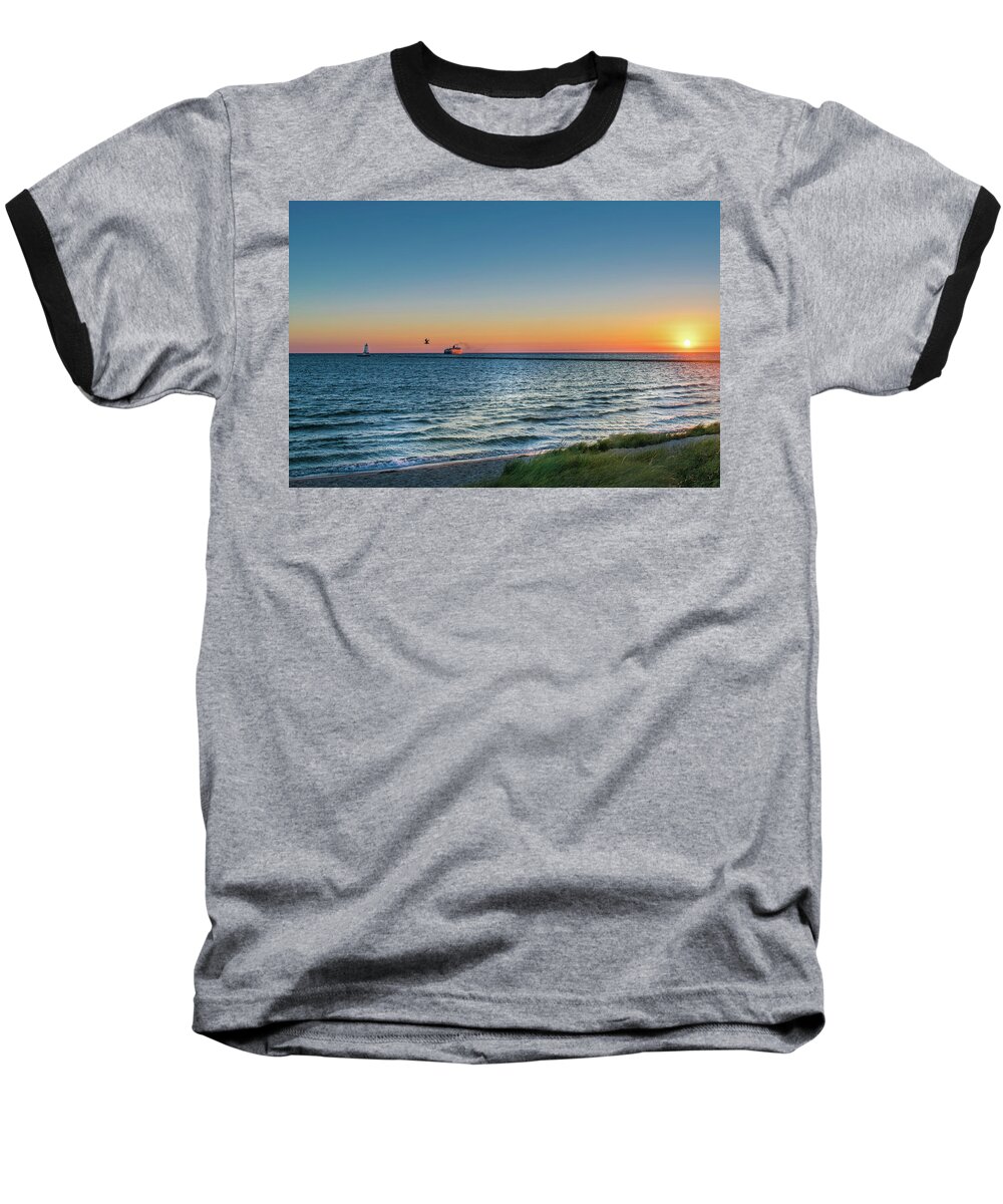 Badger Car Ferry Baseball T-Shirt featuring the photograph Ferry Going Into Sunset by Lester Plank