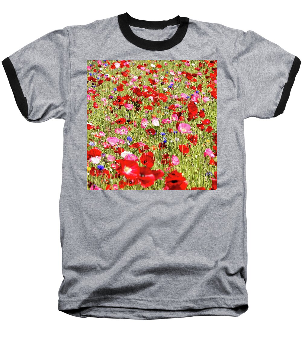 Red Baseball T-Shirt featuring the photograph Field of Red Poppies by E Faithe Lester