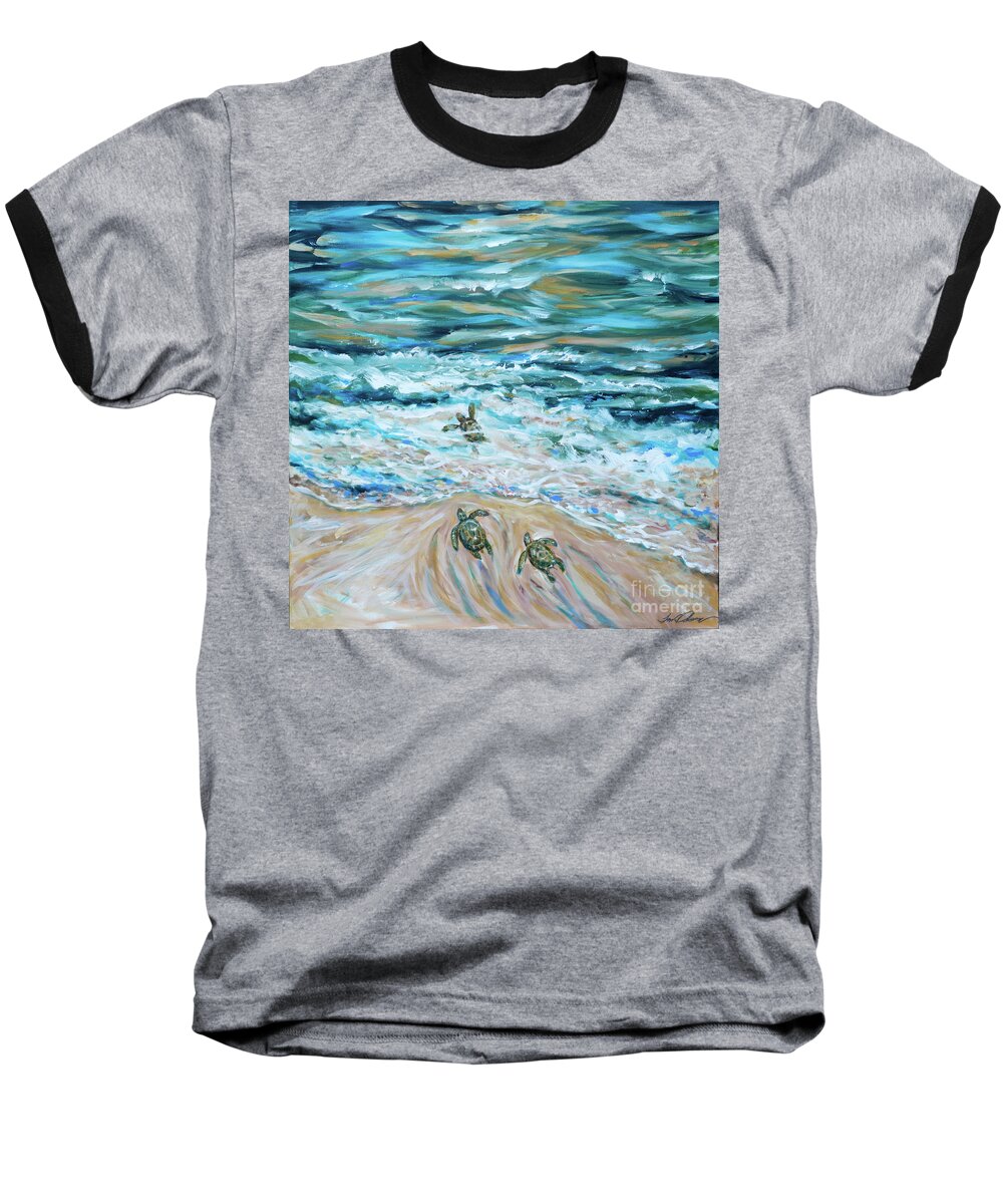 Sea Turtles Baseball T-Shirt featuring the photograph First Plunge Baby Sea Turtles by Linda Olsen