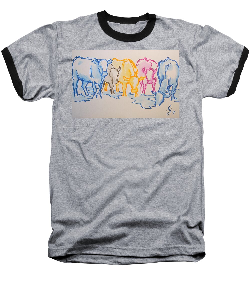 Cows Baseball T-Shirt featuring the drawing Five cows five colors watercolor line drawing by Mike Jory