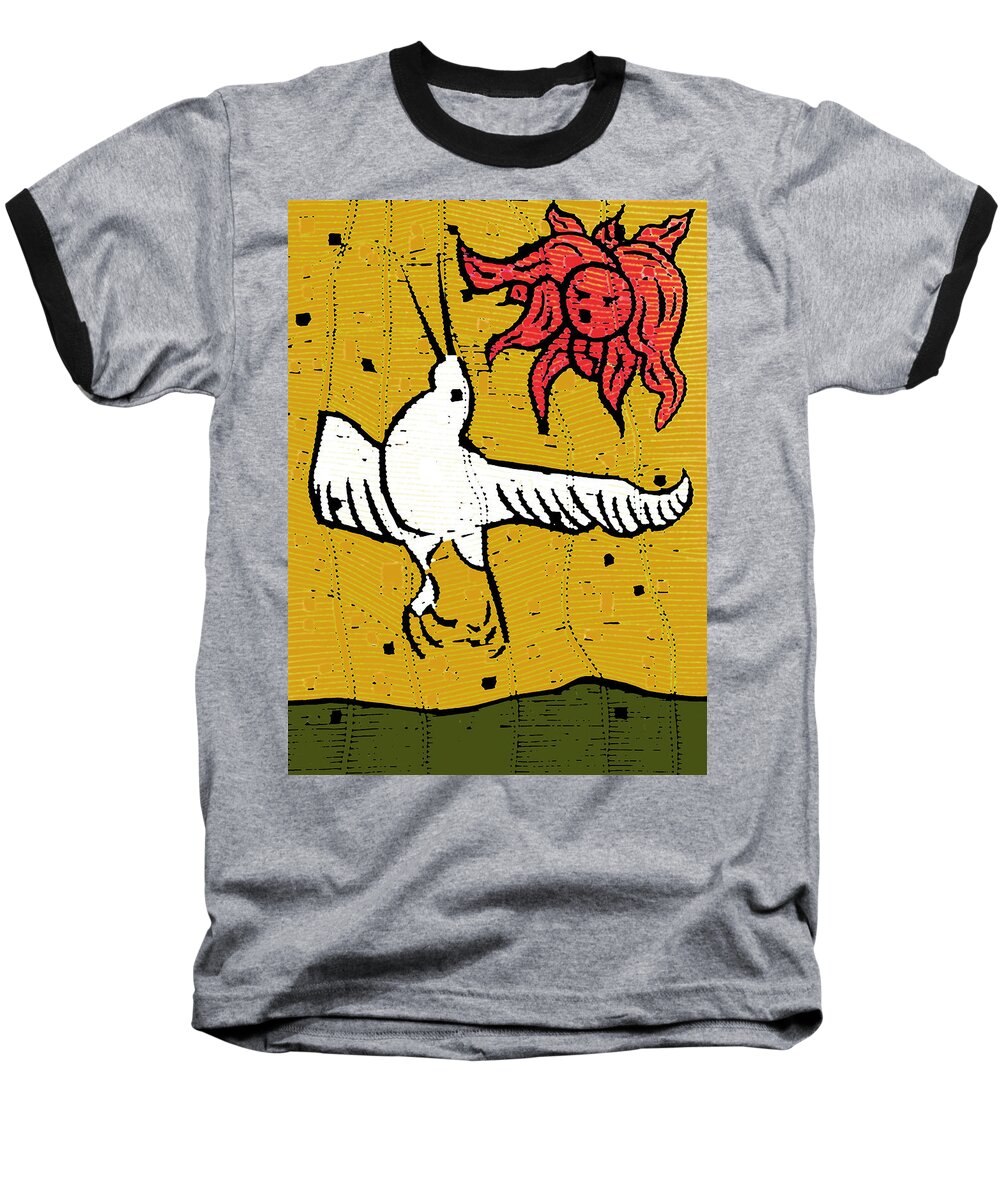 Flying Baseball T-Shirt featuring the digital art Flying bird and red sun face by Edgeworth Johnstone