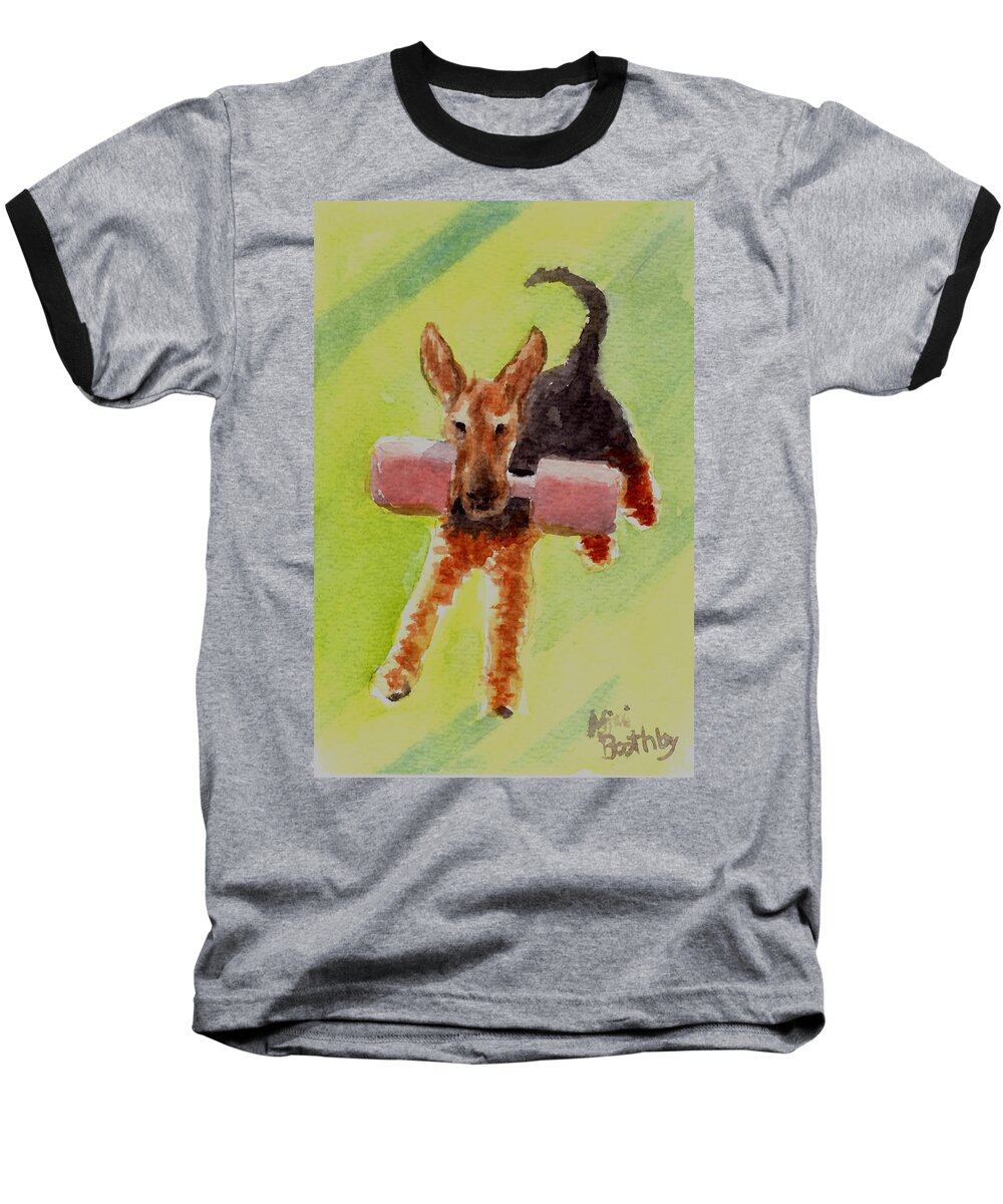 Airedale Baseball T-Shirt featuring the painting Flying Dale by Mimi Boothby