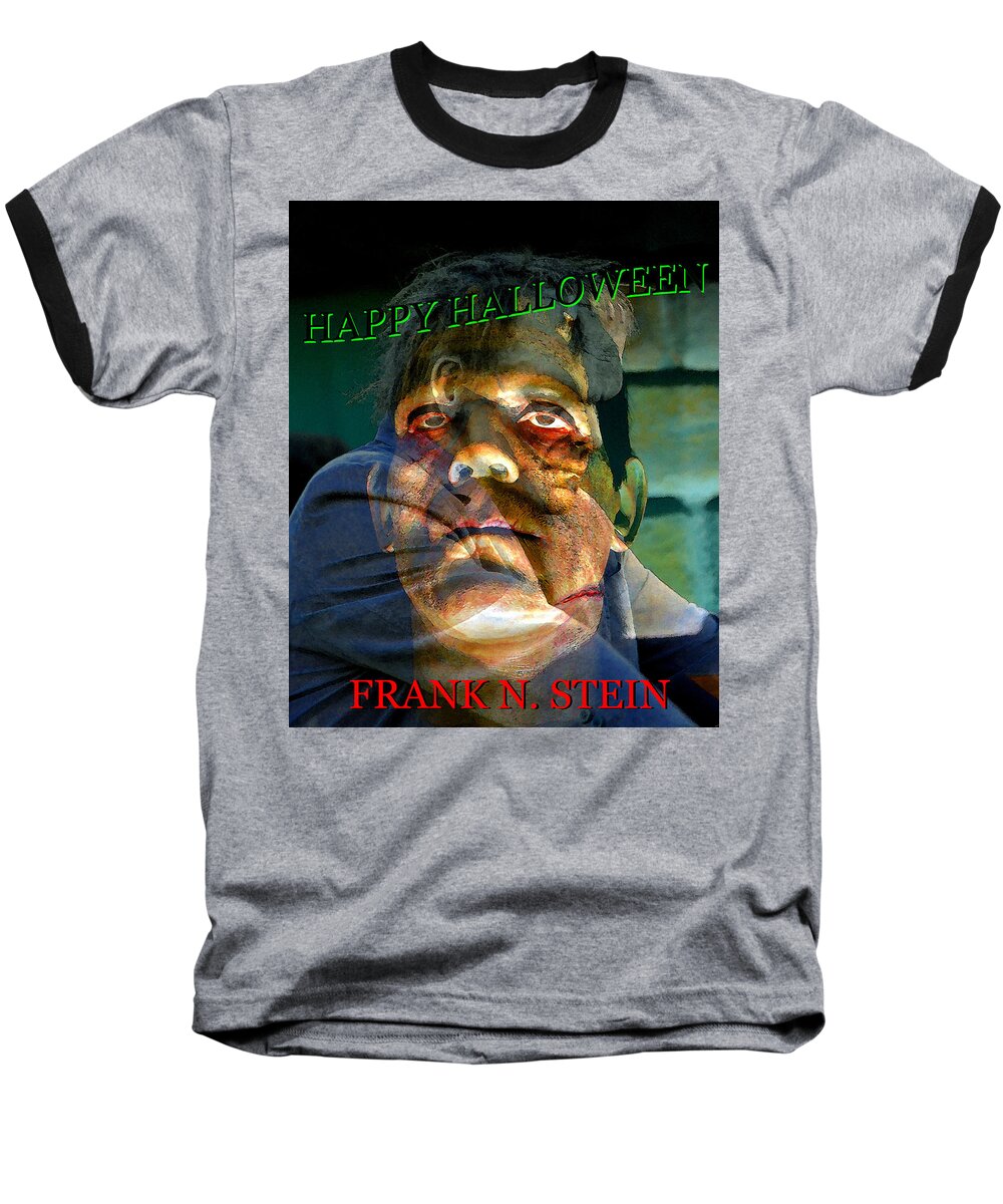 Frankenstein Baseball T-Shirt featuring the mixed media Frank N. Stein custom card by David Lee Thompson