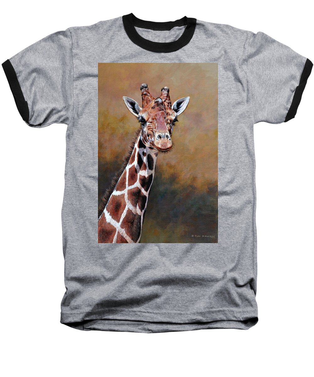 Keywords: Paintings Baseball T-Shirt featuring the painting Giraffe Portrait by Alan M Hunt by Alan M Hunt