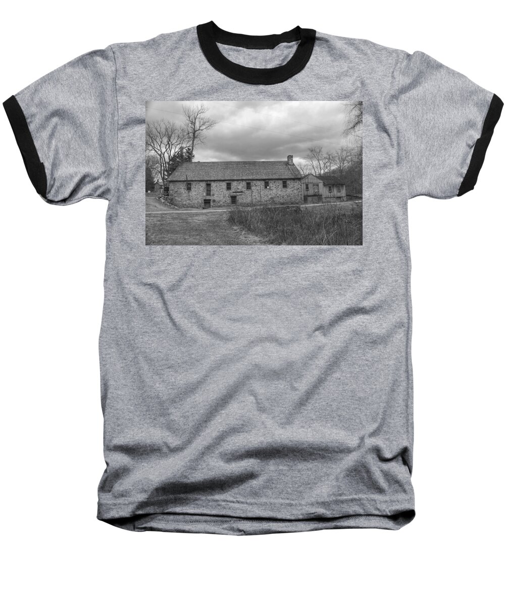 Waterloo Village Baseball T-Shirt featuring the photograph Grey Skies Over Fieldstone - Waterloo Village by Christopher Lotito