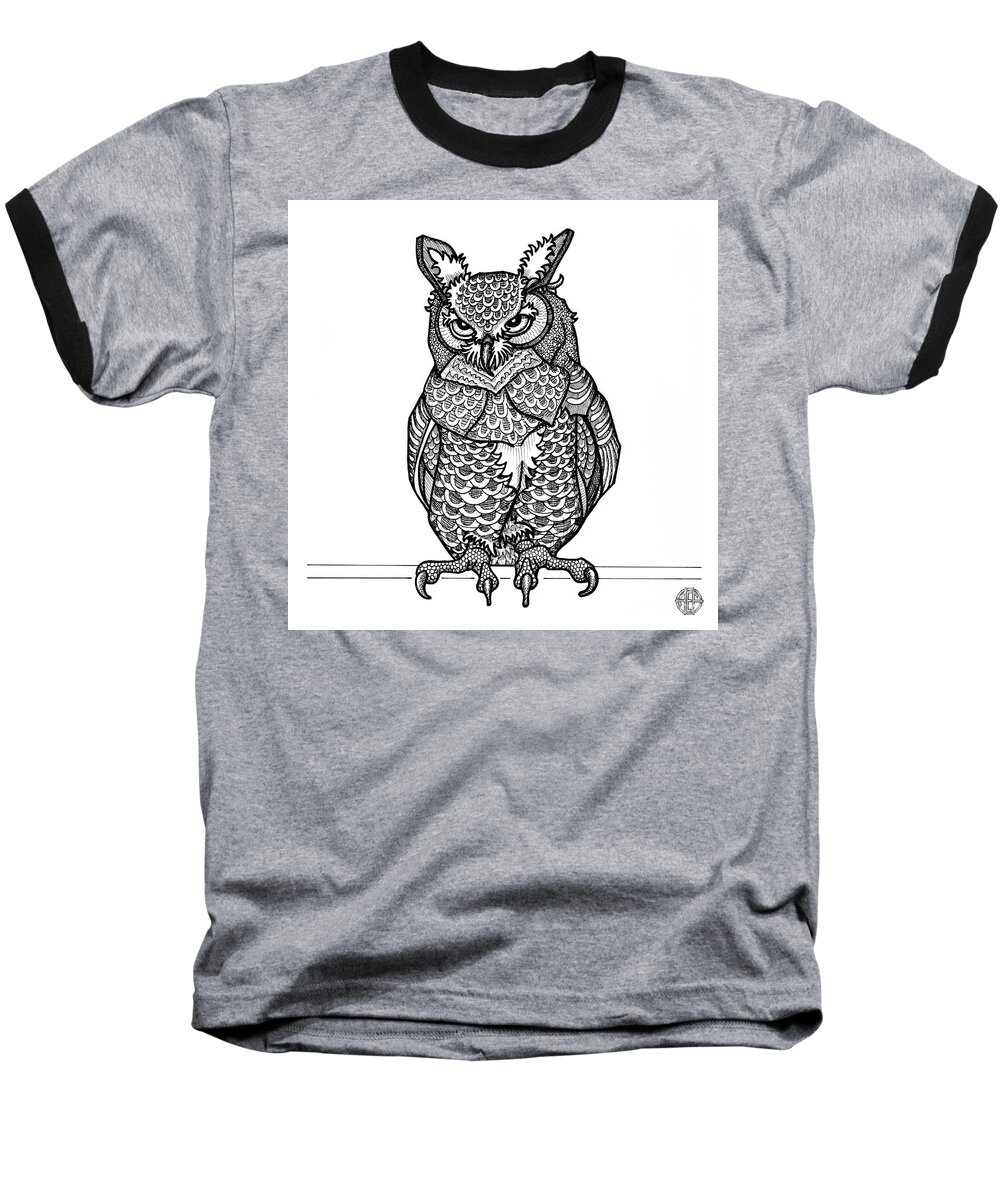Animal Portrait Baseball T-Shirt featuring the drawing Great Horned Owl by Amy E Fraser