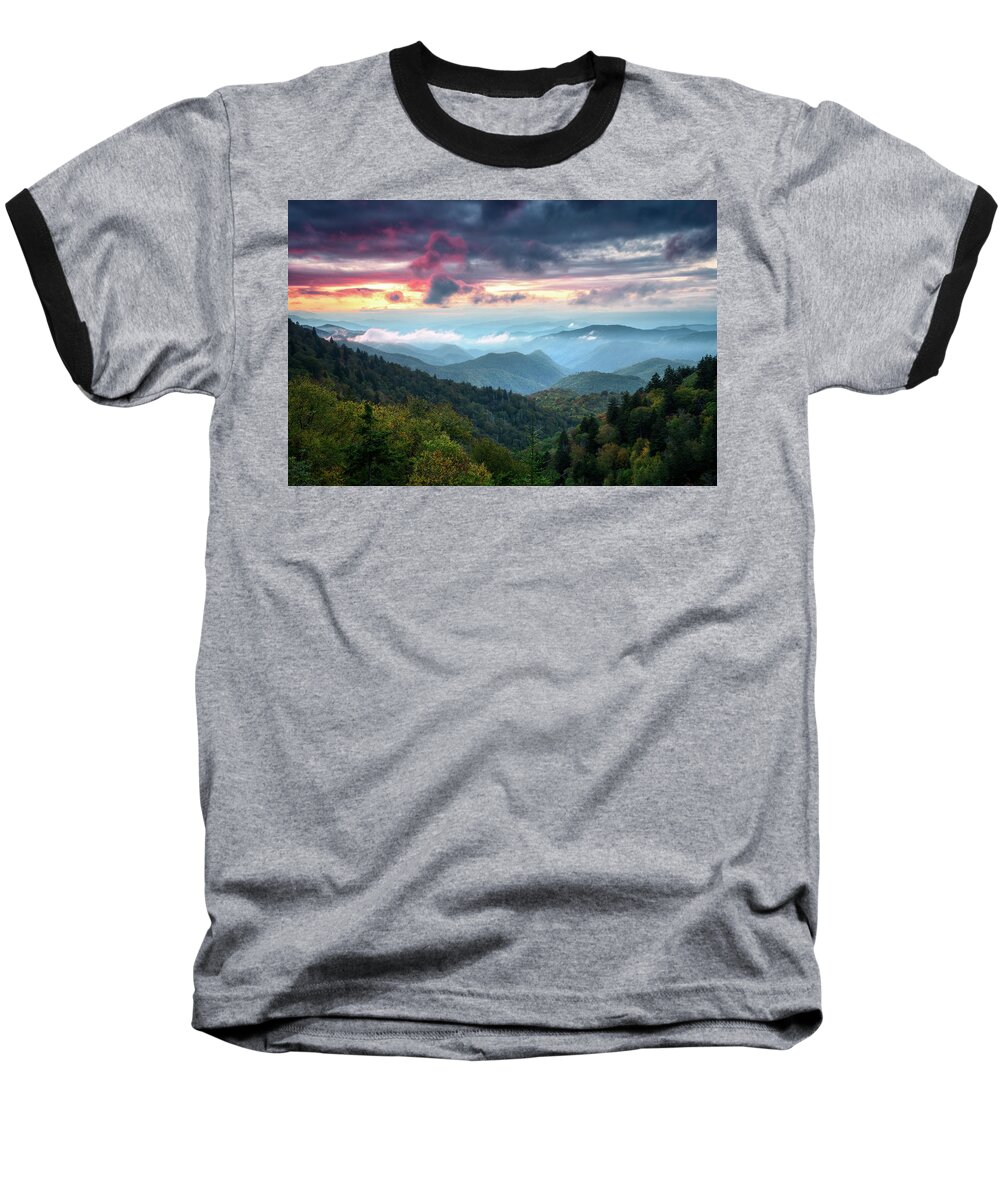 Great Smoky Mountains Baseball T-Shirt featuring the photograph Great Smoky Mountains Sunset Landscape Cherokee North Carolina by Dave Allen