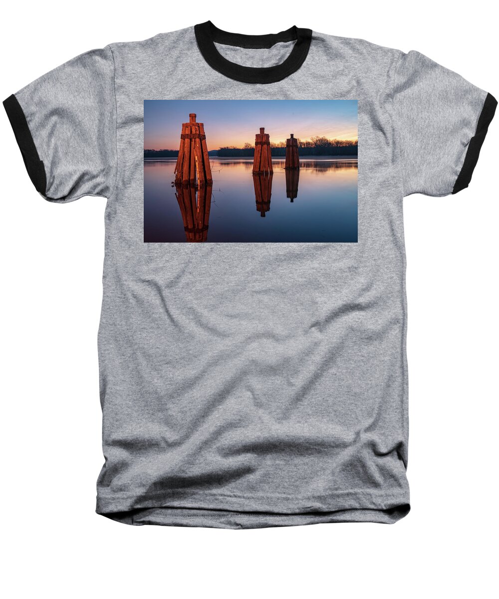 Rocky Hill Baseball T-Shirt featuring the photograph Group of three docking piles on Connecticut river by Kyle Lee