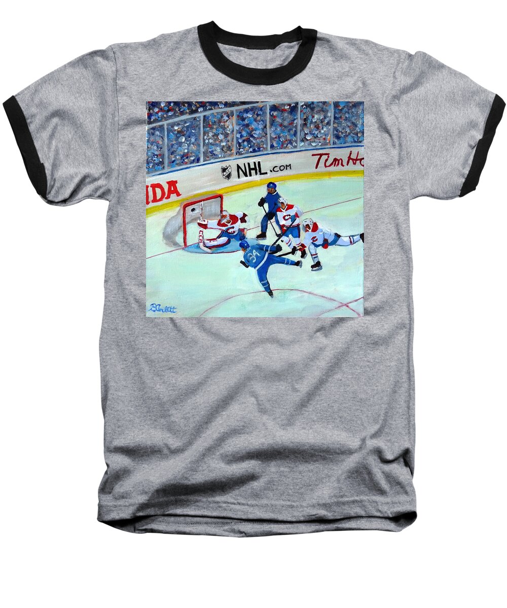 Hockey Baseball T-Shirt featuring the painting He Scores by Brent Arlitt
