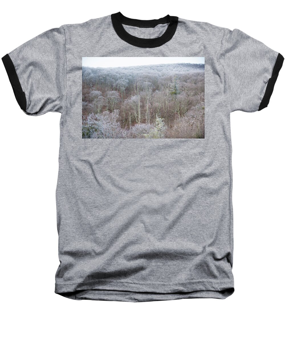 Blue Ridge Baseball T-Shirt featuring the photograph Hoarfrost in the Tree Tops by Mark Duehmig