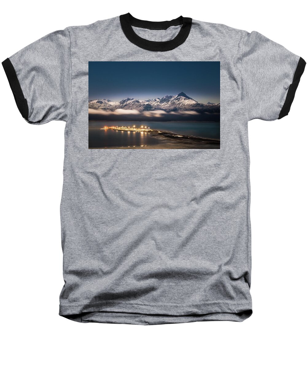 Alaska Baseball T-Shirt featuring the photograph Homer Spit with Moonlit Mountains by James Capo