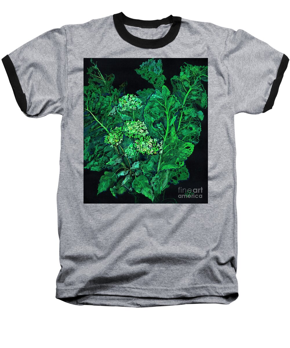 Summer Greenery Baseball T-Shirt featuring the pastel Hydrangea and Horseradish by Julia Khoroshikh