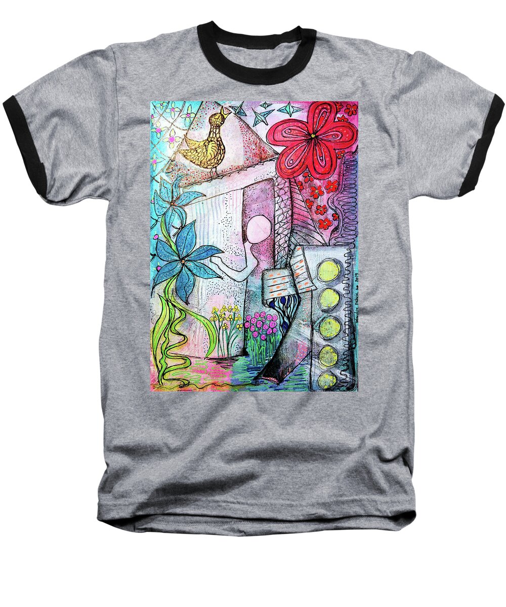 Spring Baseball T-Shirt featuring the mixed media I Opened the Curtain and there was Spring by Mimulux Patricia No