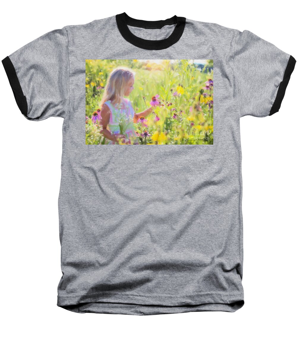 Sunshine Baseball T-Shirt featuring the painting I would pick more daisies ... by Chris Armytage