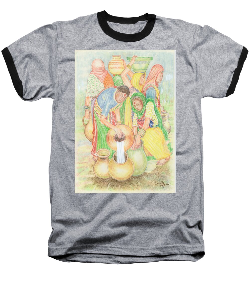 India Baseball T-Shirt featuring the pastel Indian Pot Carriers and Water Pourers by Giovanni Caputo