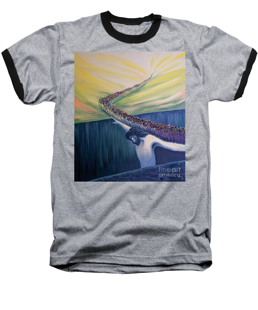 Christ Baseball T-Shirt featuring the painting Jesus Is Our Bridge To Heaven by Elizabeth Wang