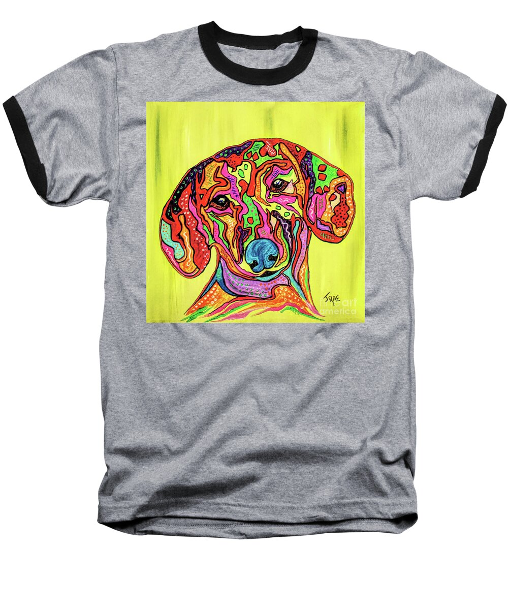 Dog Baseball T-Shirt featuring the painting Joni the Dachshund by Janice Pariza