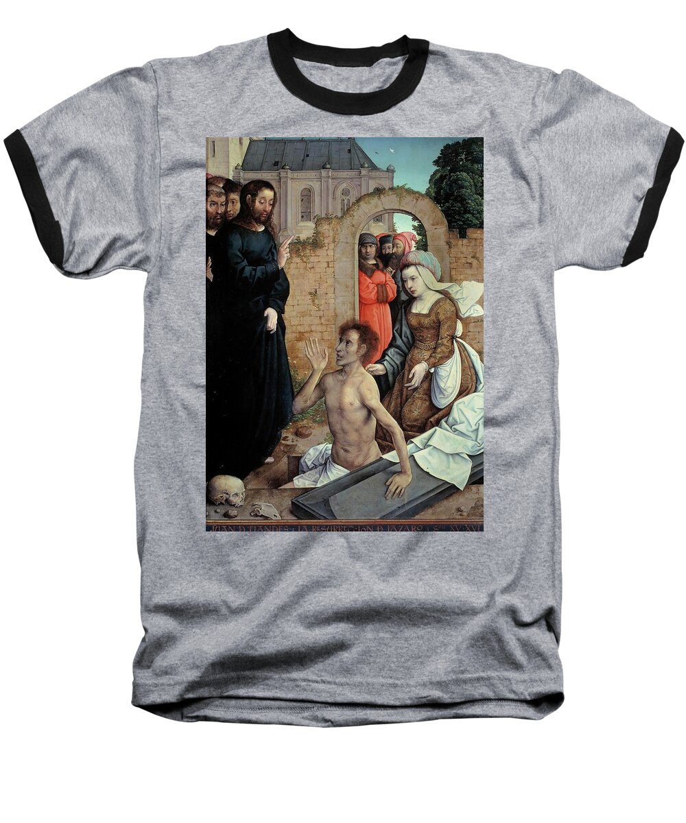 Juan De Flandes Baseball T-Shirt featuring the painting Juan de Flandes / 'The Resurrection of Lazarus', 1514-1519, Spanish-Flemish School, Oil on panel. by Juan de Flandes -c 1460-c 1519-