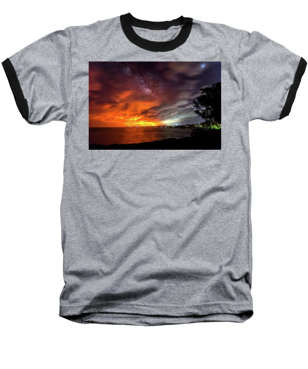Big Island Baseball T-Shirt featuring the photograph Kaloli Point Lava Glow and Milky Way by Jason Chu