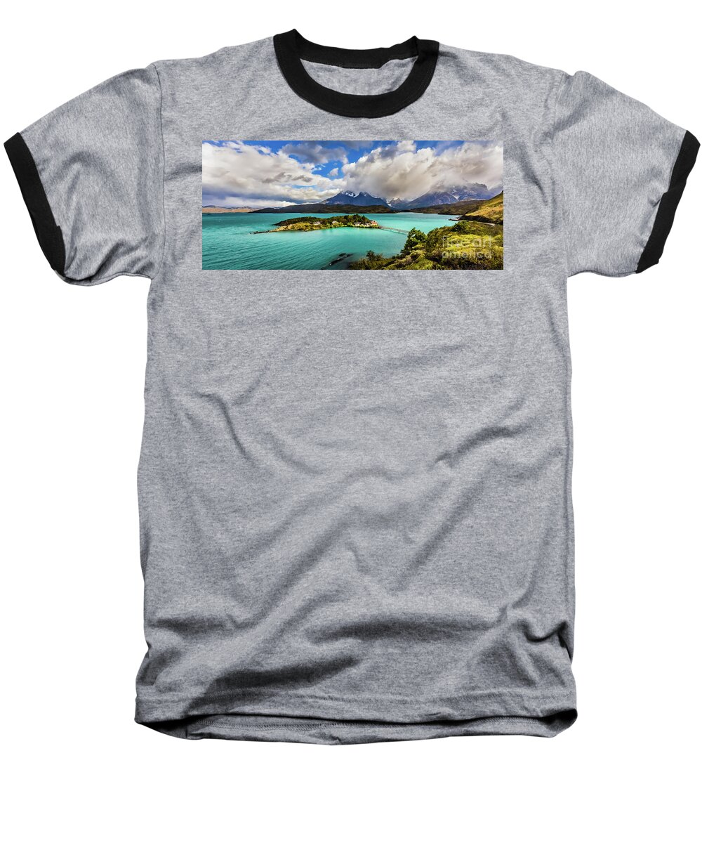 Lake Baseball T-Shirt featuring the photograph Lago Pehoe, Chile by Lyl Dil Creations