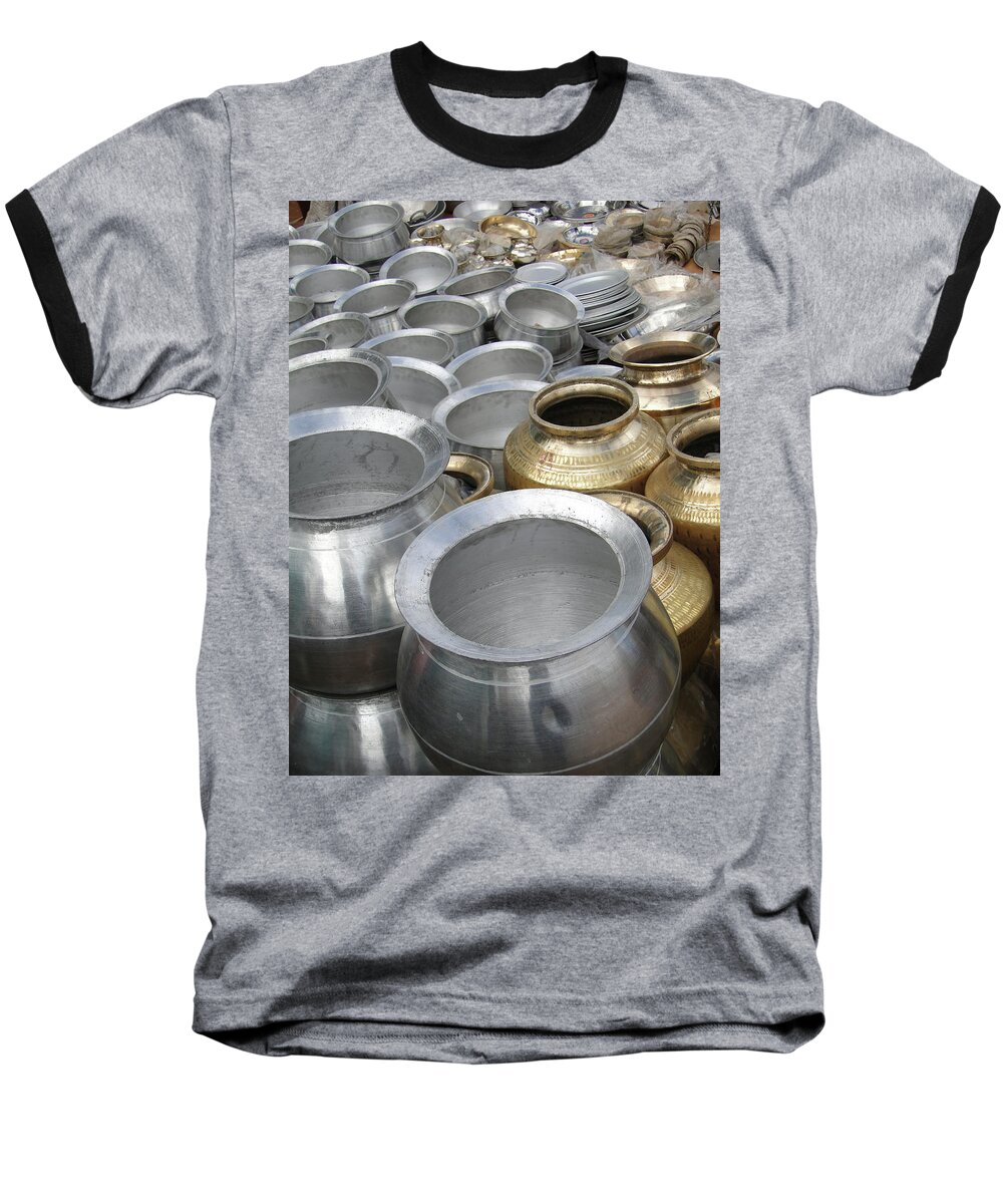 Aluminum Baseball T-Shirt featuring the photograph Large cooking and water pots by Steve Estvanik