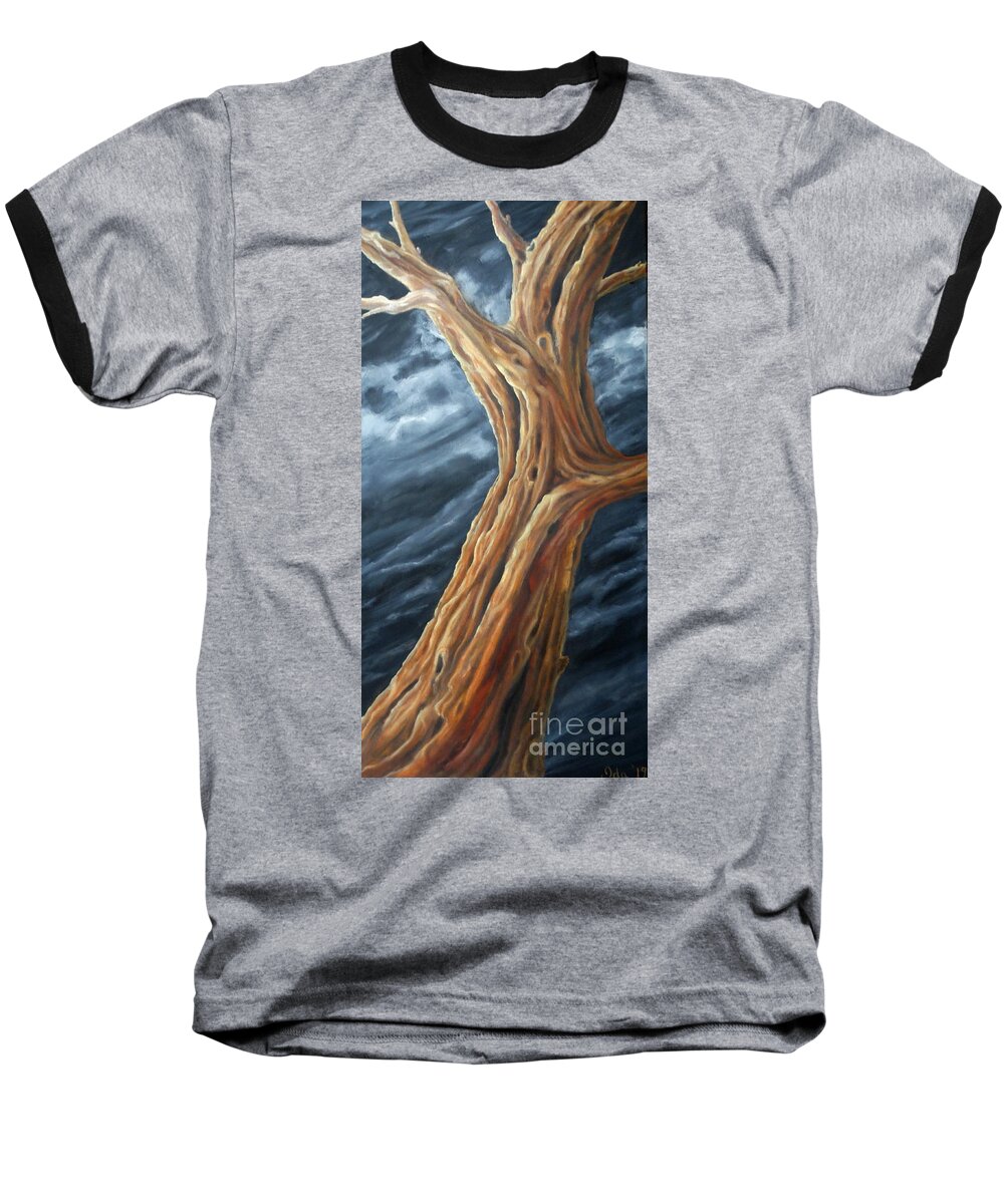 Tree Trunk Branches Landscape Dramatic Sky Clouds Dark Light Shadow Glow Highlight Knotholes Bark Blue White Yellow Brown Orange Baseball T-Shirt featuring the painting Last Tree by Ida Eriksen