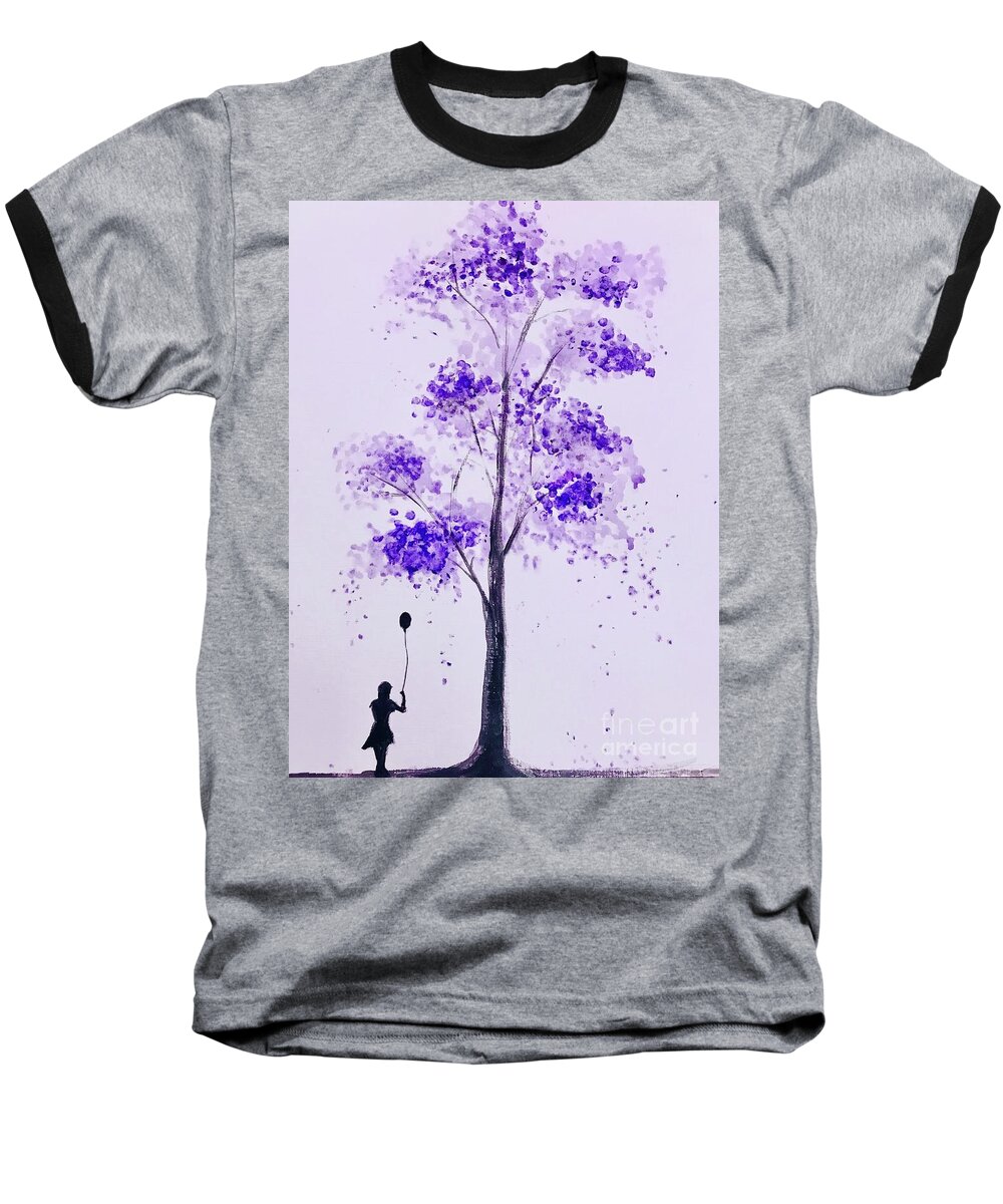 Acrylic Painting Of A Girl Holding A Balloon Under A Purple Tree Baseball T-Shirt featuring the painting Letting Go by Lavender Liu