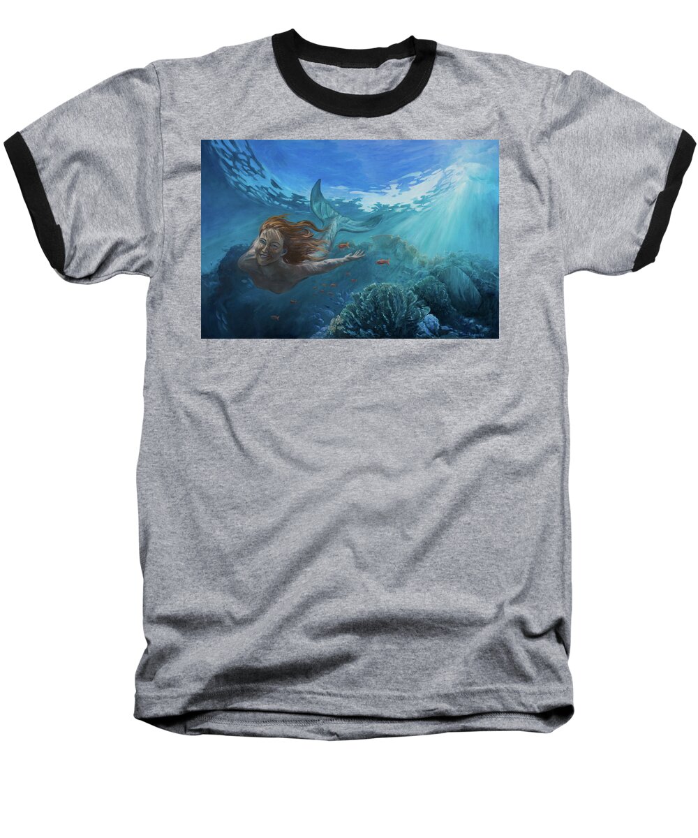 Mermaid Baseball T-Shirt featuring the painting Life in the ocean by Marco Busoni