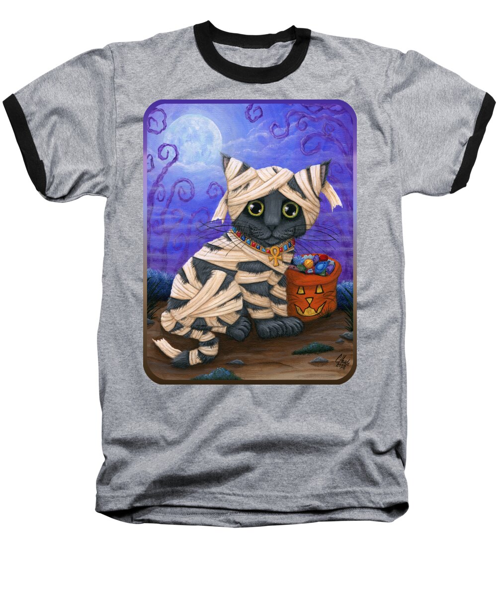 Halloween Cat Baseball T-Shirt featuring the painting Lil Mummy Kitten - Halloween Cat - Russian Blue by Carrie Hawks