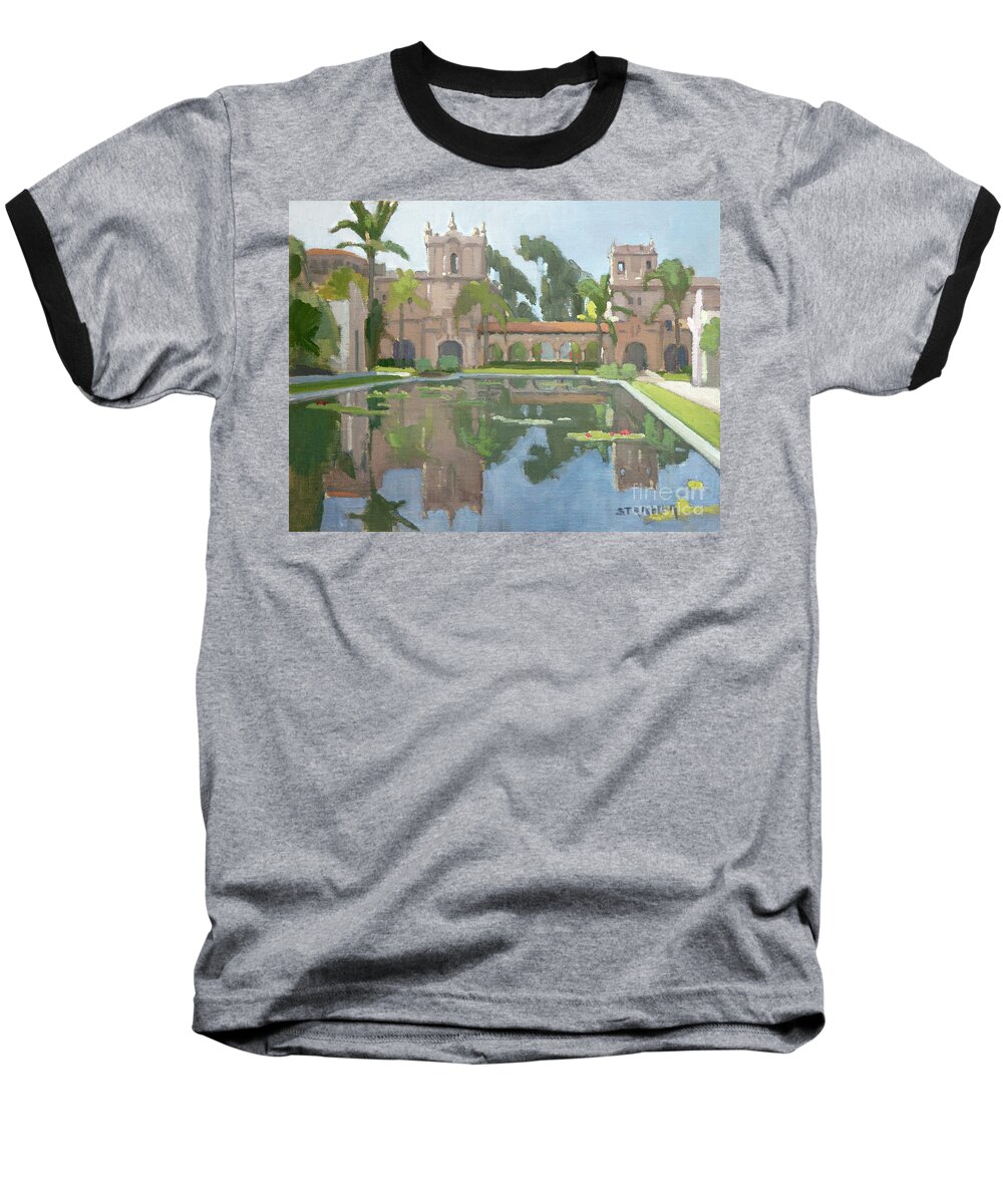 Lily Pond Baseball T-Shirt featuring the painting Reflection Pond Balboa Park San Diego by Paul Strahm
