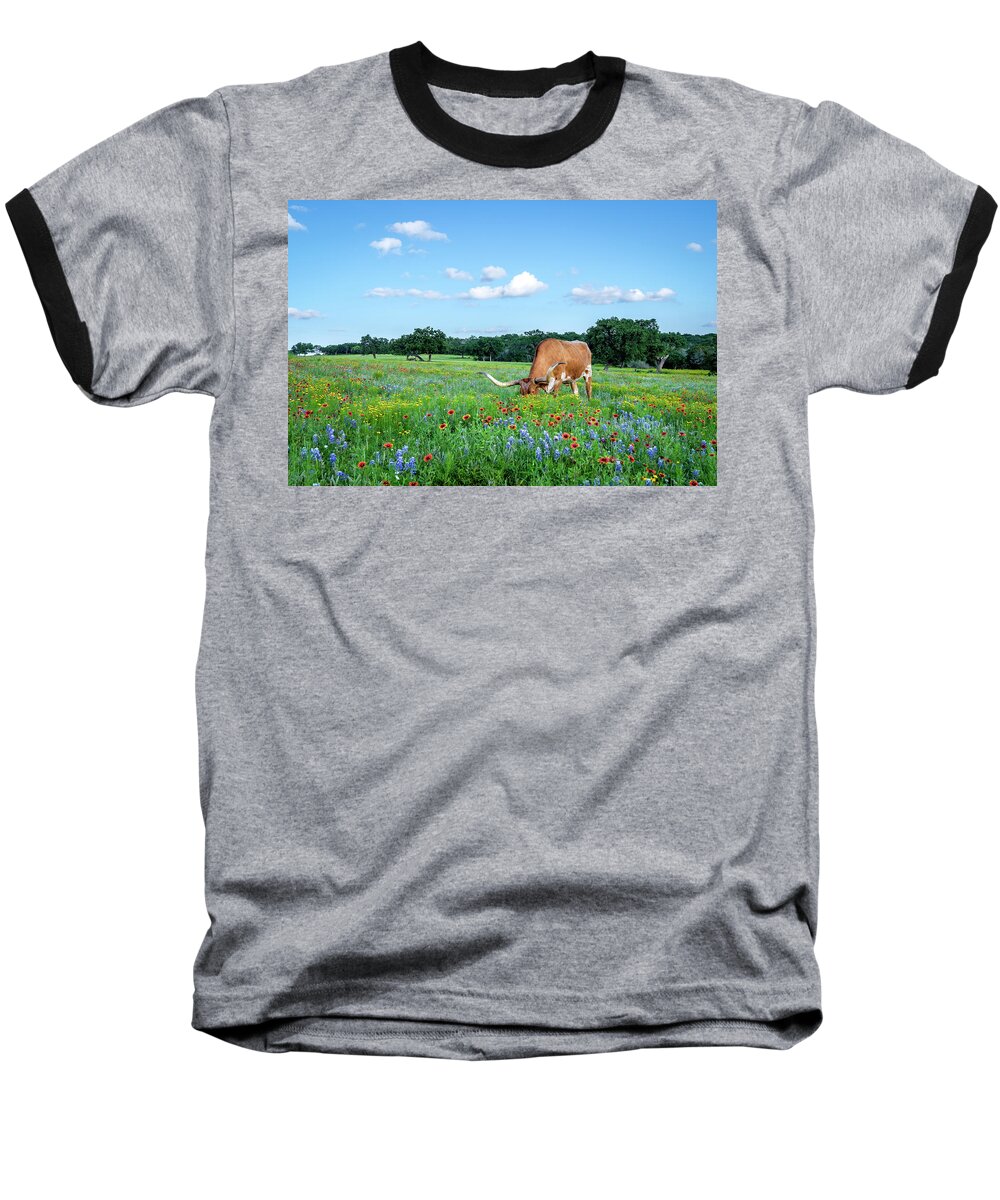 Texas Wildflowers Baseball T-Shirt featuring the photograph Longhorns In Bluebonnets II by Johnny Boyd