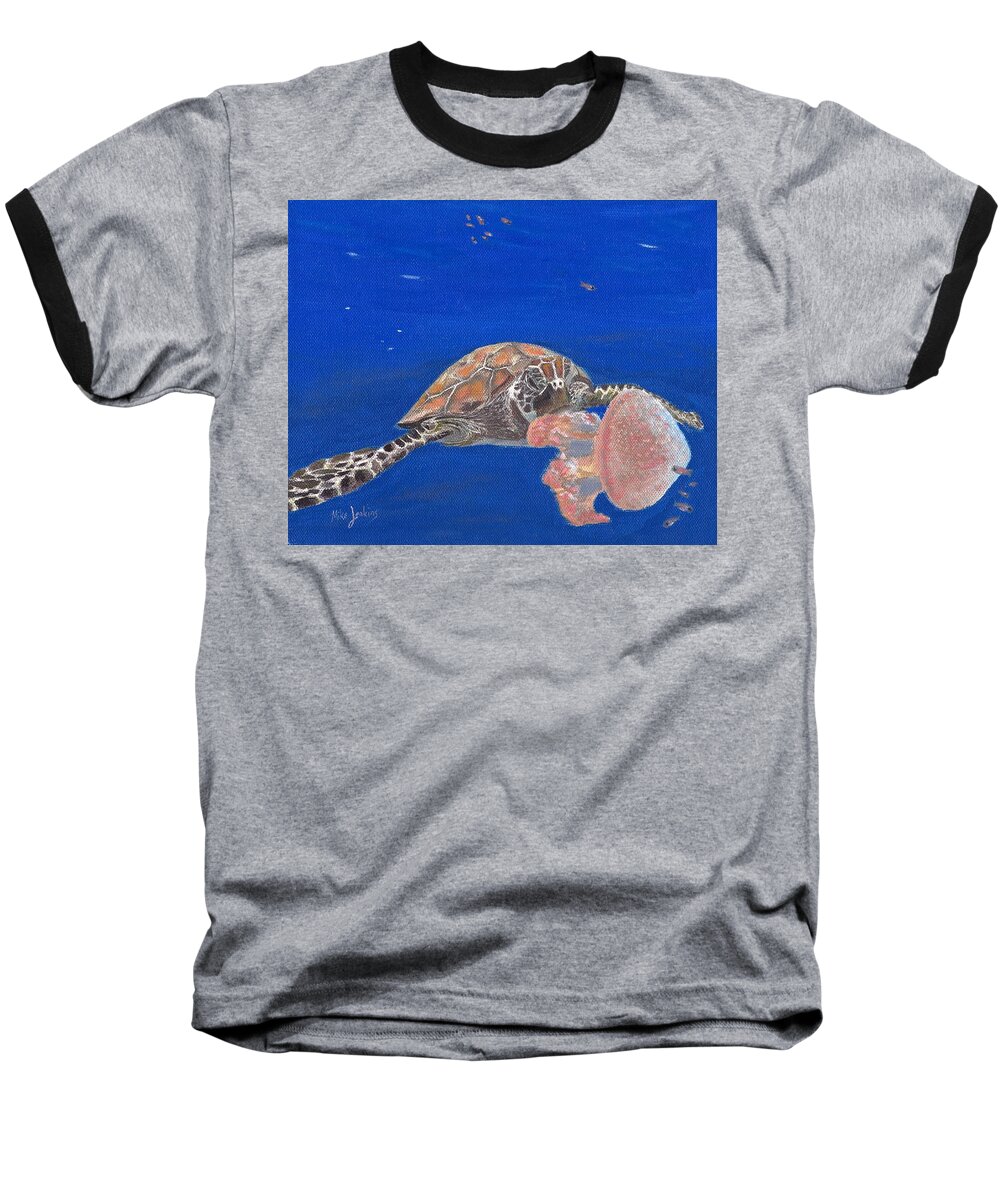Turtle Baseball T-Shirt featuring the painting Lunchtime on the Reef 2 by Mike Jenkins