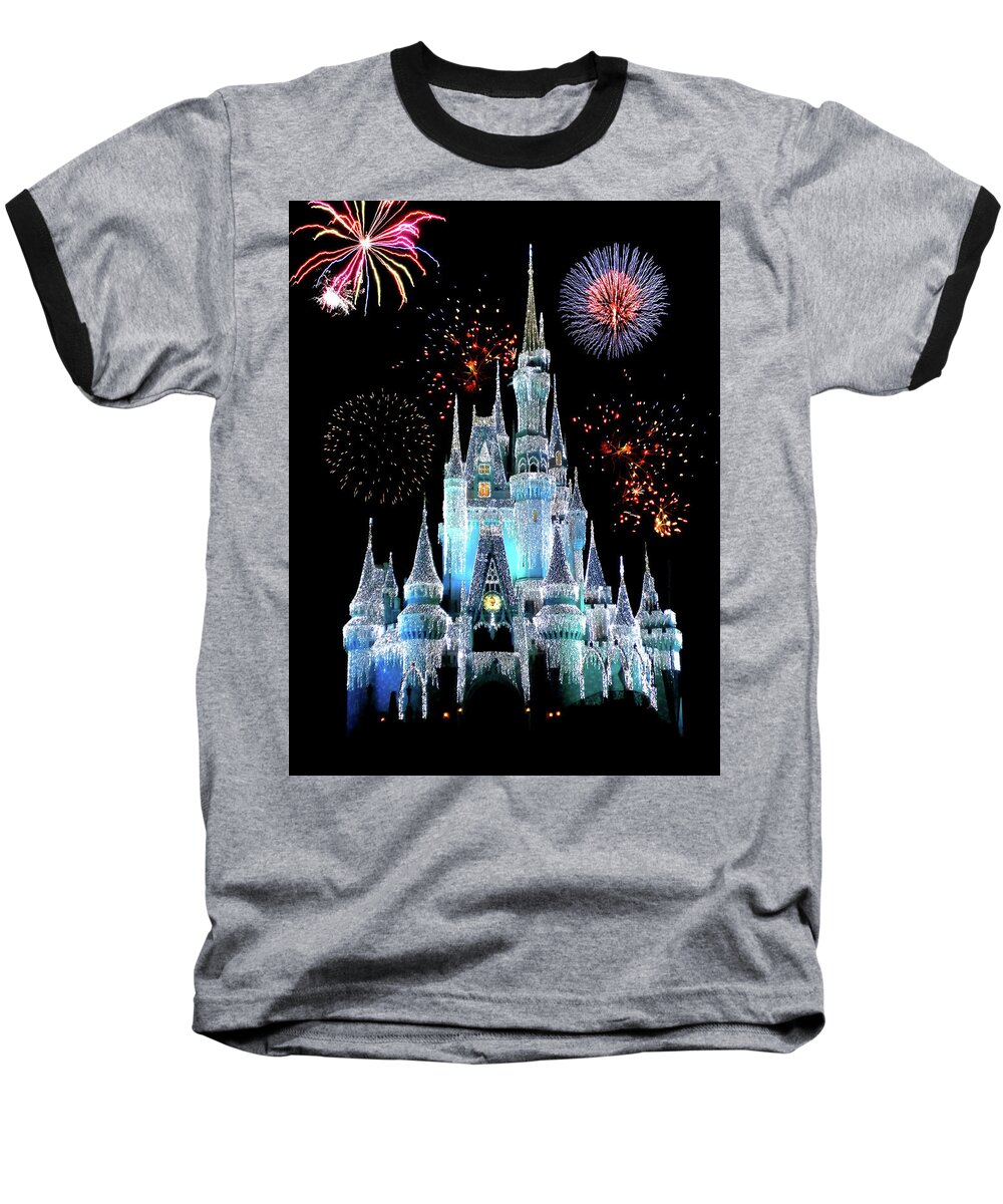 Castle Baseball T-Shirt featuring the photograph Magic Kingdom Castle In Frosty Light Blue with Fireworks 06 by Thomas Woolworth
