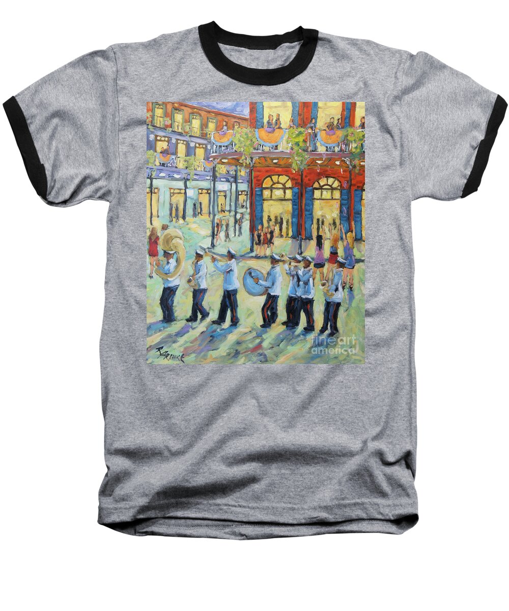 New Orleans Cityscape Scene Baseball T-Shirt featuring the painting Mardi Gras in New Orleans by Richard T Pranke
