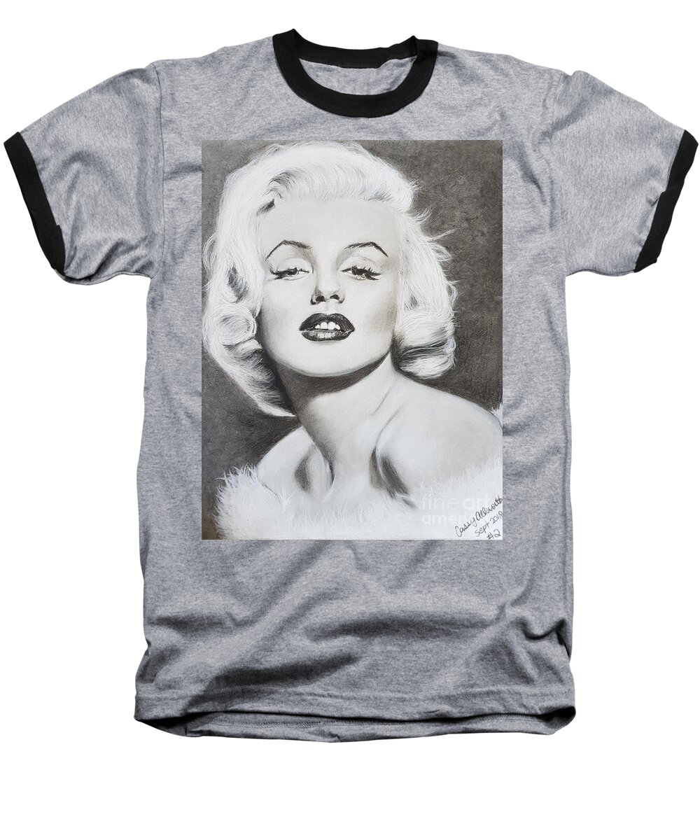 Marilyn Monroe Baseball T-Shirt featuring the drawing Marilyn Monroe by Cassy Allsworth