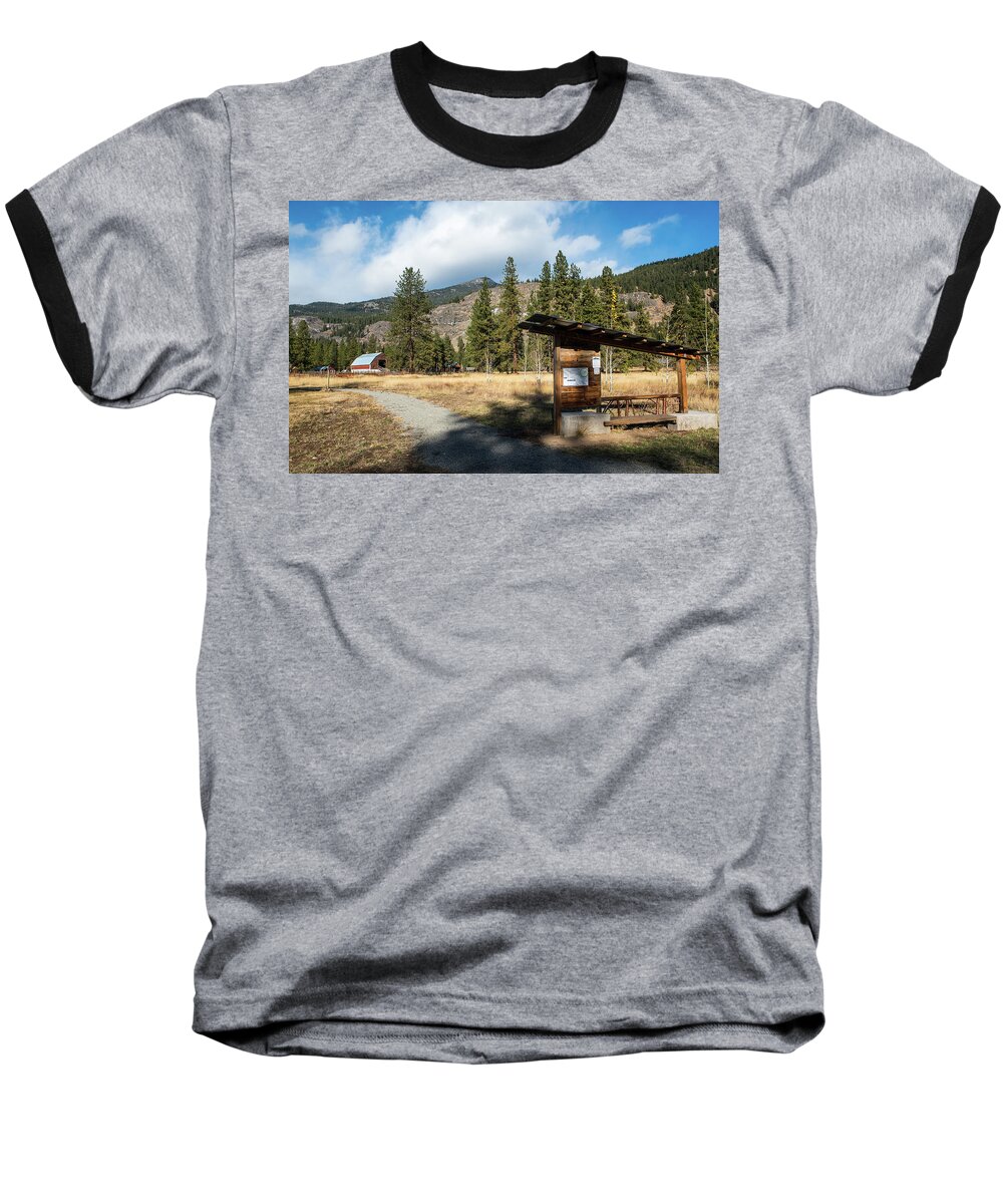 Mazama Barn Trail And Bench Baseball T-Shirt featuring the photograph Mazama Barn Trail and Bench by Tom Cochran