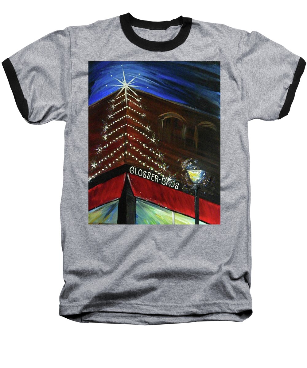 Christmas Baseball T-Shirt featuring the painting Meet Me at Glossers by Karen Mesaros