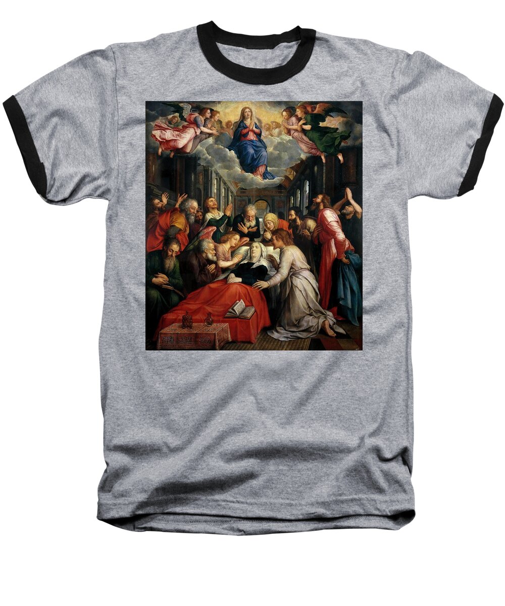 Michiel Coxie Baseball T-Shirt featuring the painting Michiel I Coxie / 'La Muerte de la Virgen y la Asuncion', Before 1550, Flemish School. VIRGIN MARY. by Michiel Coxie -1499-1592-