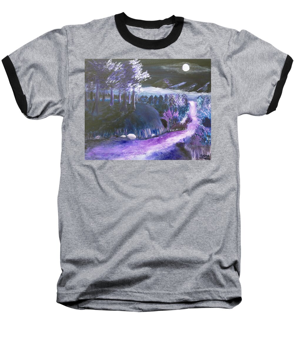  Baseball T-Shirt featuring the painting Misty Purple Mountains in the Moonlight by C E Dill
