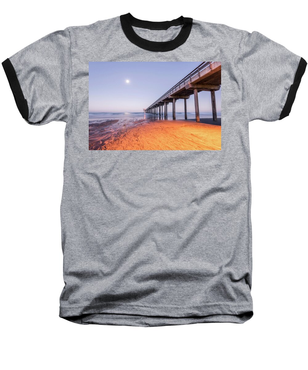 La Jolla Baseball T-Shirt featuring the photograph Moon Shines On Scripps Pier by Joseph S Giacalone