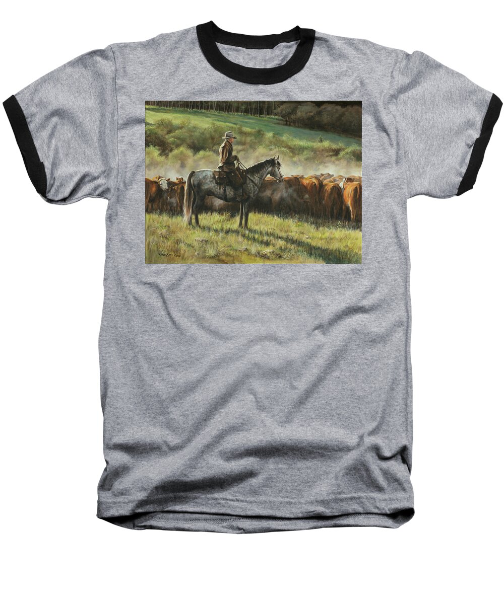 Cowboy Baseball T-Shirt featuring the painting Morning In the Highwoods by Kim Lockman