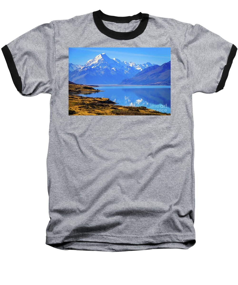 Mountain Baseball T-Shirt featuring the photograph Mount Cook overlooking Lake Pukaki, New Zealand by Lyl Dil Creations