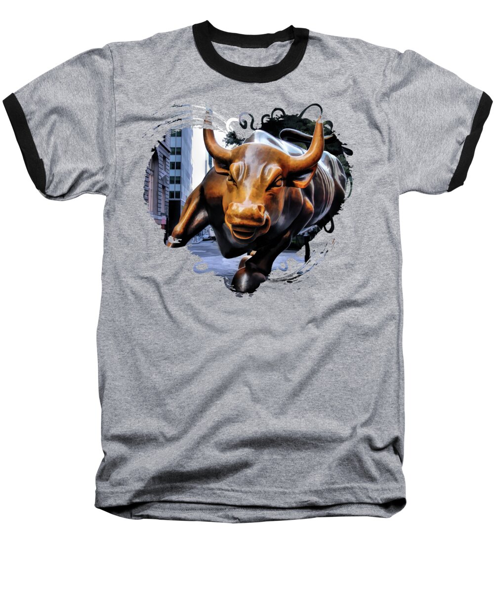 New York Baseball T-Shirt featuring the painting New York City Wall Street Charging Bull by Christopher Arndt