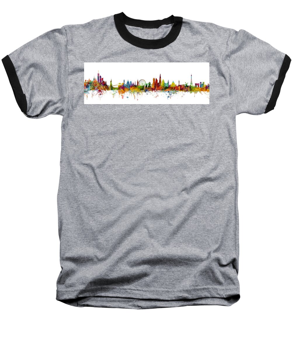 Paris Baseball T-Shirt featuring the digital art New York, London, Paris Skyline Mashup by Michael Tompsett